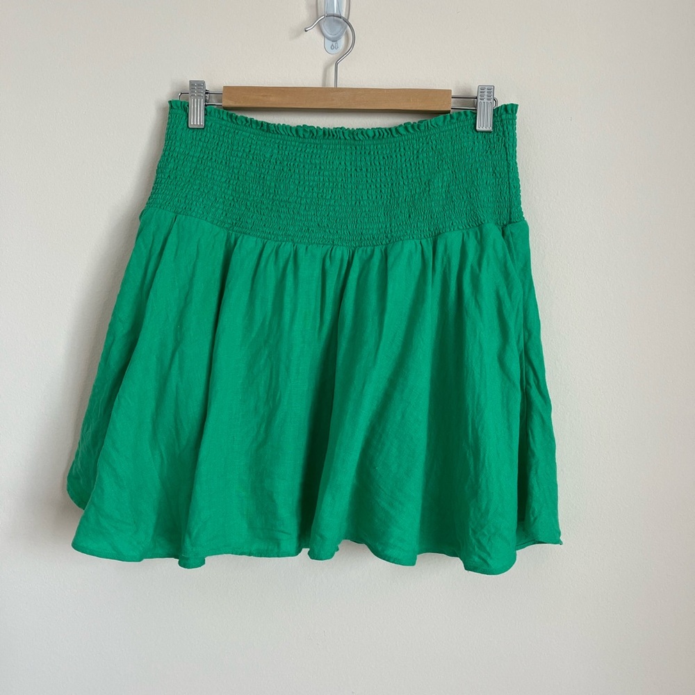 J.Crew Smocked-Waist Linen Mini Skirt (lined) – Green, Size L